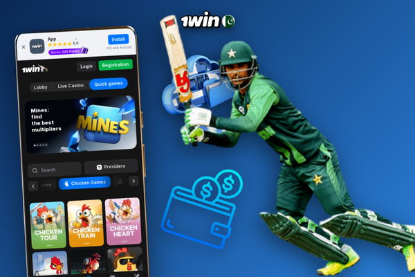 1Win app login screen showing welcome bonus offer ready to activate on first deposit