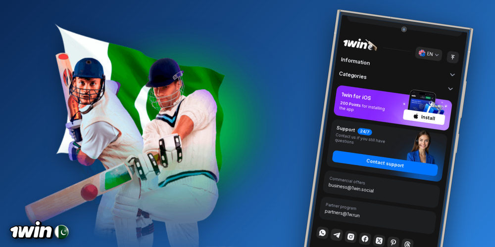 1Win app showing cricket sportsbook and casino lobby side by side on two smartphones