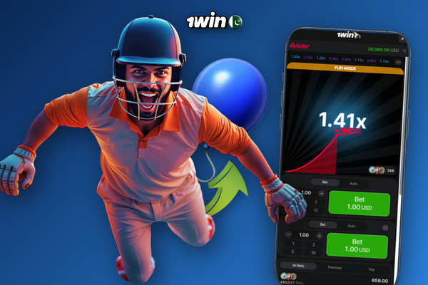 1Win Aviator login split-screen comparing demo chips to real PKR balance with an arrow