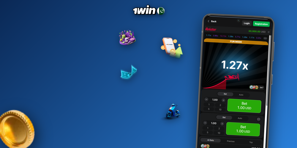 Full 1Win Aviator game interface showing red plane at 4.27x with bet panels and round history