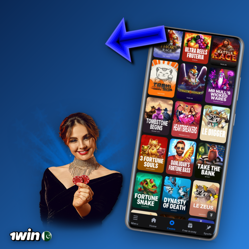 1Win Casino Pakistan lobby with spinning slots and live blackjack table