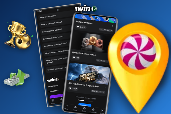 1Win free spins bonus glowing slot reel showing 70 FS gold badge