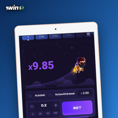 1Win Lucky Jet auto-bet rounds counter with jetpack flame for hands-free gameplay