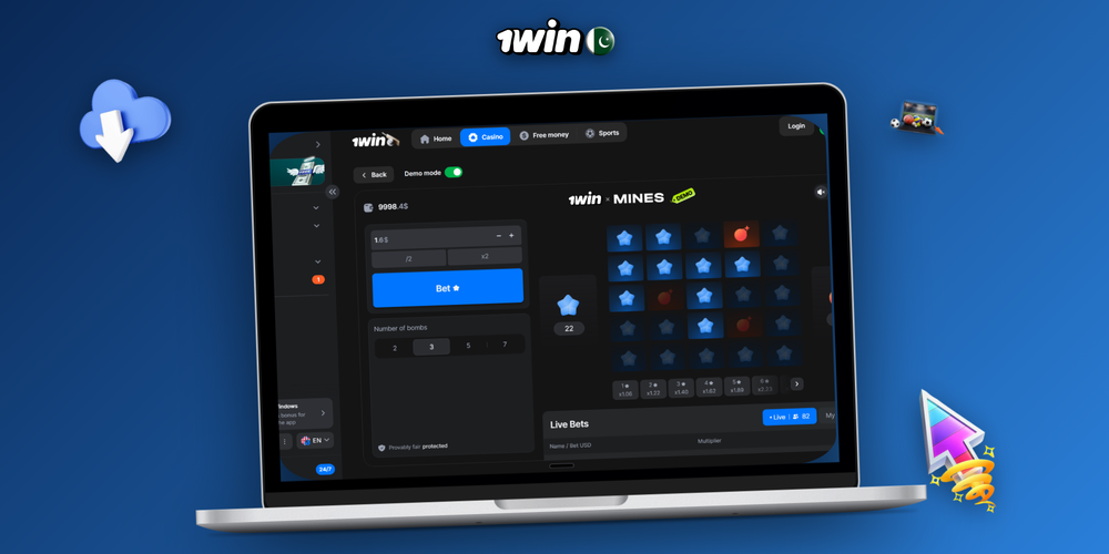 1Win Mines demo mode and auto play panel shown on smartphone and laptop
