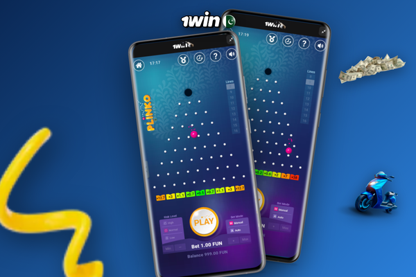 Plinko 1Win app download screen showing PKR bet panel with risk and row controls