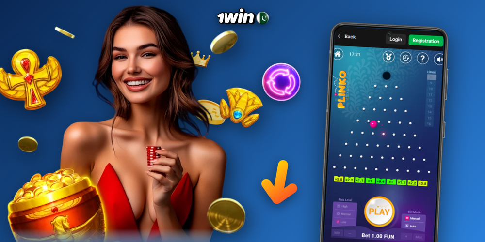 Live 1Win Plinko session with multiple balls falling through 16-row peg grid