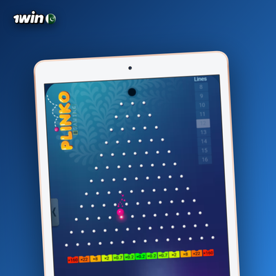 Plinko 1Win medium-risk level showing balanced ball spread across all slots