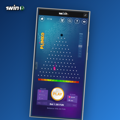 1Win Plinko casino low-risk setting with balls clustering in central multiplier slots
