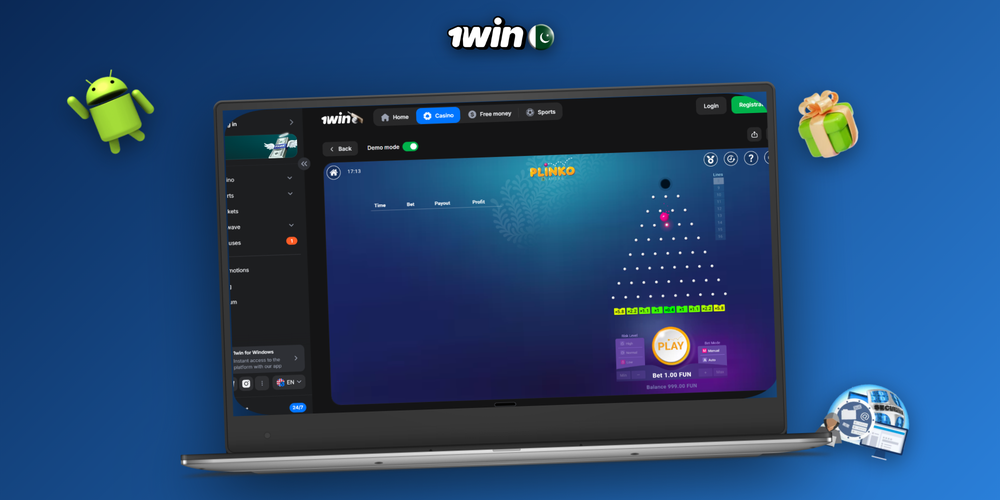 1Win for PC showing sportsbook and live casino side by side on a Windows laptop